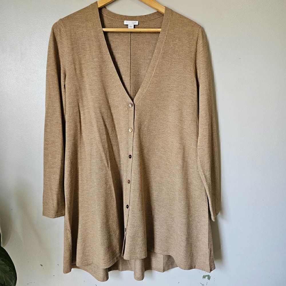 EUC J. JILL WOOL BLEND CAMEL/ TAN LONG SLEEVES V NECK BUTTON DOWN LONGLINE TOP S